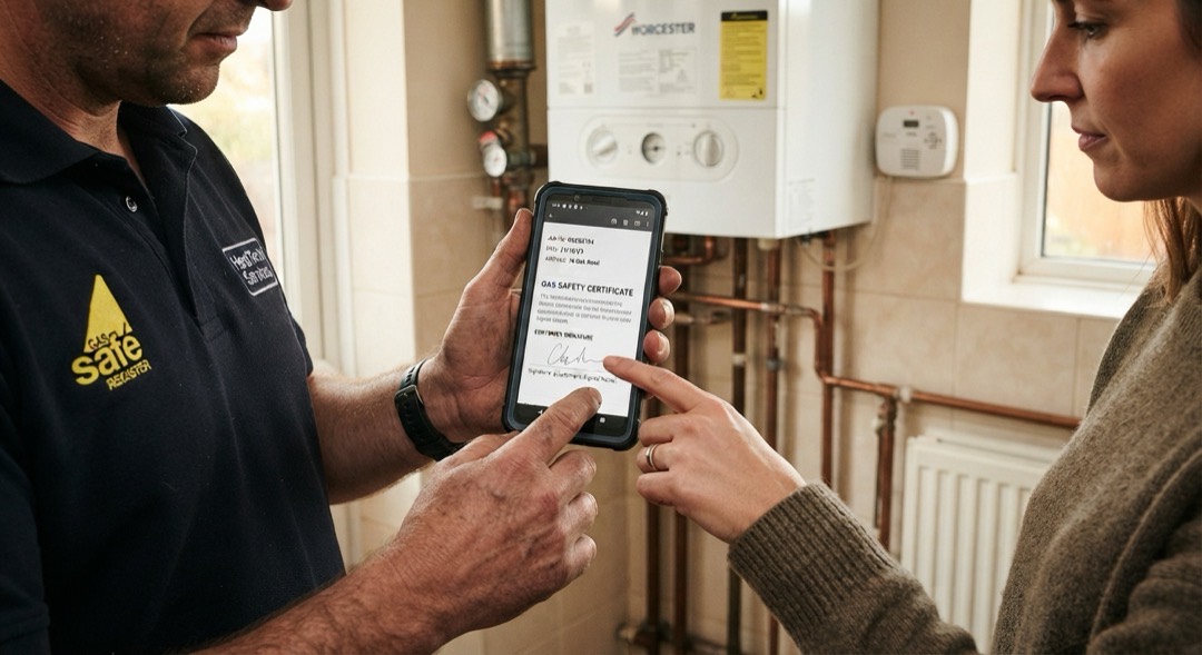 An engineer shows a customer the gas record on his phone beside a serviced boiler.